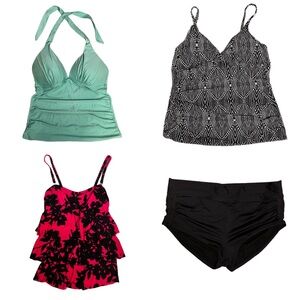 Kona Sol Aqua Green THREE Tankini Black Boy Short Swim Medium Large Lot Bundle